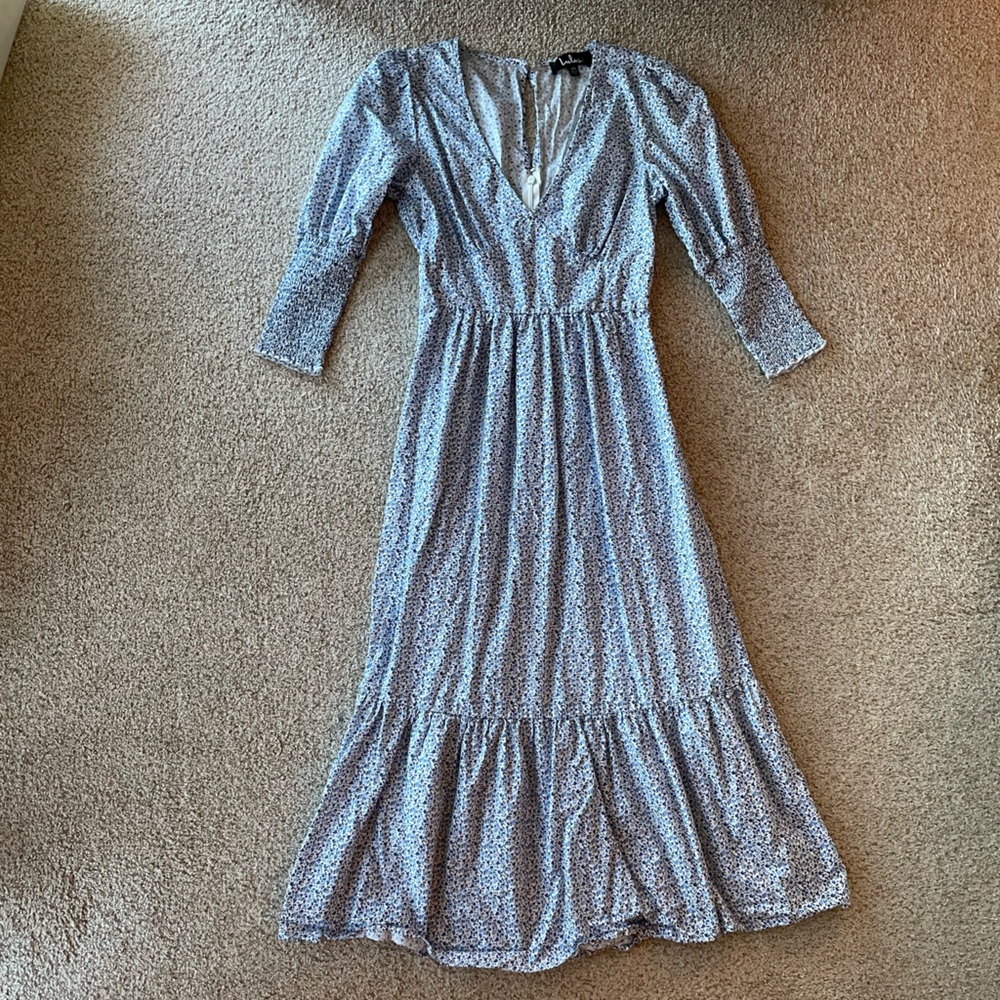 Lulu’s blue floral cottagecore empire waist ruffle flare puff sleeve dress XS